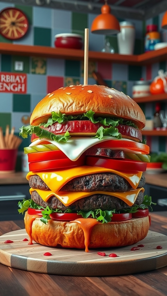 A colorful 3D burger sculpture with layers of ingredients in a vibrant kitchen.